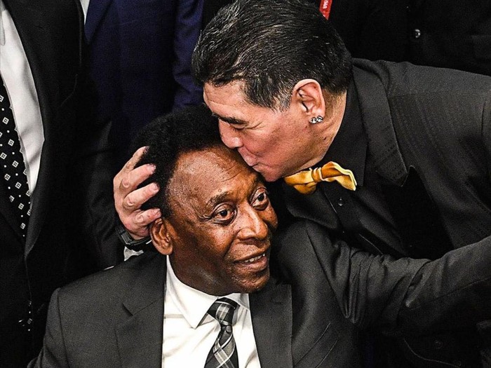 UNSPECIFIED, RUSSIA - MARCH 01:Diego Armando Maradona kisses Pele during Fifa world Cup Russia 2018, Russia. (Photo by Alessandro Sabattini/Getty Images)