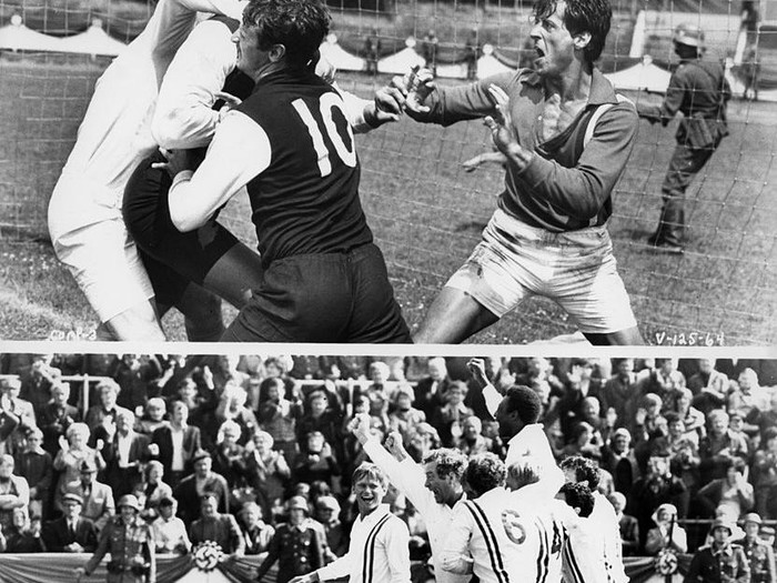 CIRCA 1980: (Top) Goalie Sylvester Stallone scuffles with the opposition. (Bottom) Pele is lifted by fellow allied prisoners of war in a scene for the Paramount Pictures movie  