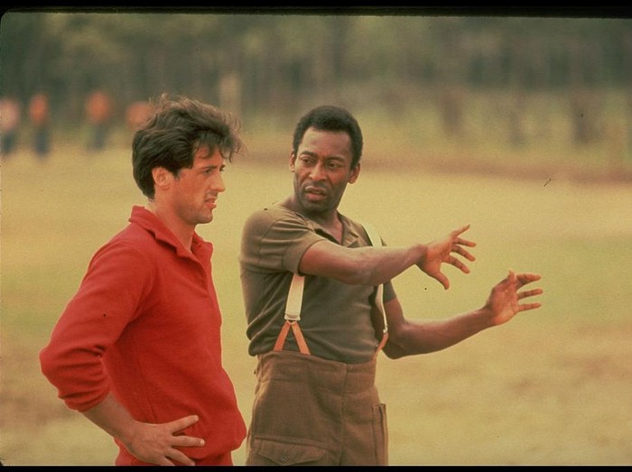 (L-R) Actor Sylvester Stallone getting pointers fr. soccer great Pele during filming of motion picture Escape to Victory.    (Photo by John Bryson/Getty Images)