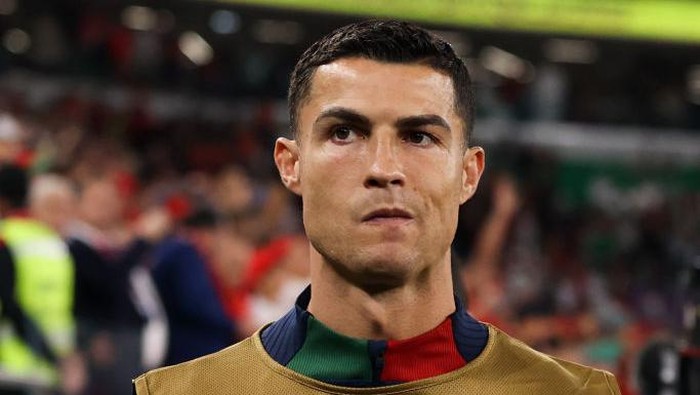 DOHA, QATAR - DECEMBER 10: Cristiano Ronaldo #7 of Portugal looks on during the FIFA World Cup Qatar 2022 quarter final match between Morocco and Portugal at Al Thumama Stadium on December 10, 2022 in Doha, Qatar. (Photo by Zhizhao Wu/Getty Images)