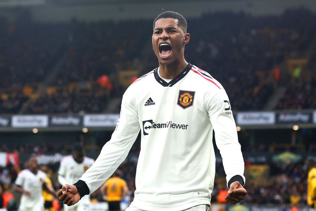 WOLVERHAMPTON, ENGLAND - DECEMBER 31: Marcus Rashford of Manchester United celebrates scoring a disallowed goal during the Premier League match between Wolverhampton Wanderers and Manchester United at Molineux on December 31, 2022 in Wolverhampton, United Kingdom. (Photo by Chris Brunskill/Fantasista/Getty Images)