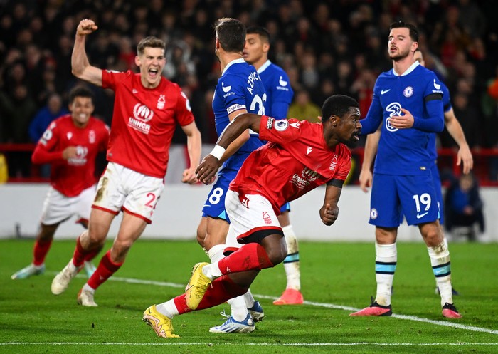 Chelsea NOTTINGHAM, ENGLAND - JANUARY 01: Serge Aurier of Nottingham Forest celebrates after scoring their sides first goal during the Premier League match between Nottingham Forest and Chelsea FC at City Ground on January 01, 2023 in Nottingham, England. (Photo by Clive Mason/Getty Images)