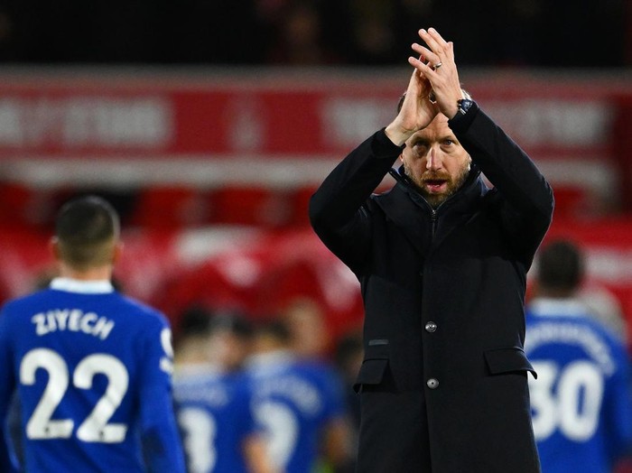 NOTTINGHAM, ENGLAND - JANUARY 01: Graham Potter, Manager of Chelsea applauds fans after the Premier League match between Nottingham Forest and Chelsea FC at City Ground on January 01, 2023 in Nottingham, England. (Photo by Clive Mason/Getty Images)