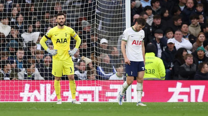 LONDON, ENGLAND - JANUARY 01: Hugo Lloris of Tottenham Hotspur looks dejected after Douglas Luiz of Aston Villa scores their sides second goal during the Premier League match between Tottenham Hotspur and Aston Villa at Tottenham Hotspur Stadium on January 01, 2023 in London, England. (Photo by Tottenham Hotspur FC/Tottenham Hotspur FC via Getty Images)