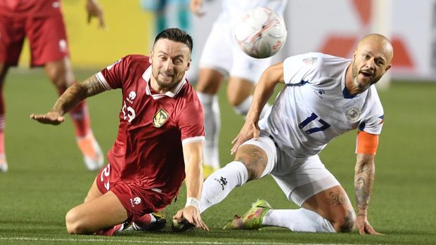 TIMNAS INDONESIA BERTANDANG MELAWAN FILIPINA Pesepak bola Timnas Indonesia Marc Anthony Klok (kiri) berebut bola dengan pesepak bola Timnas Filipina Stephen Markus Cabizares Schrock (kanan) dalam laga lanjutan Grup A Piala AFF 2022 di Rizal Memorial Stadium, Manila, Filipina, Senin (2/1/2023). ANTARA FOTO/Akbar Nugroho Gumay/wsj.