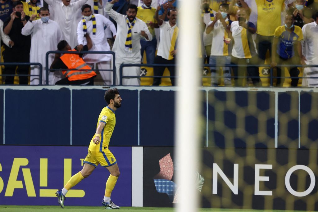 Nassr's midfielder Jaloliddin Masharipov celebrates his goal during the AFC Champions League quarterfinal football match between UAE's Al-Wahda and KSA's Al-Nassr on October 16, 2021, at the Mrsool Park Stadium in Riyadh. (Photo by Fayez Nureldine / AFP) (Photo by FAYEZ NURELDINE/AFP via Getty Images)