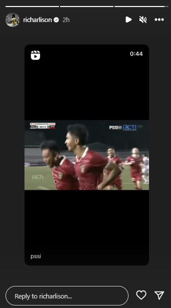 Richarlison mengunggah ulang video akun PSSI yang menampilkan proses gol Marselino Ferdinan.