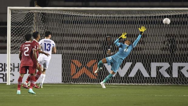 Penjaga gawang Timnas Indonesia Syahrul Trisna Fadilah (kanan) gagal menjangkau bola tandukan pesepak bola Timnas Filipina Jens Rasmussen (ketiga kiri) dalam laga lanjutan Grup A Piala AFF 2022 di Rizal Memorial Stadium, Manila, Filipina, Senin (2/1/2023). Indonesia berhasil menang 2-1 atas Filipina, sekaligus memastikan langkah ke babak semi final. ANTARA FOTO/Akbar Nugroho Gumay/wsj.