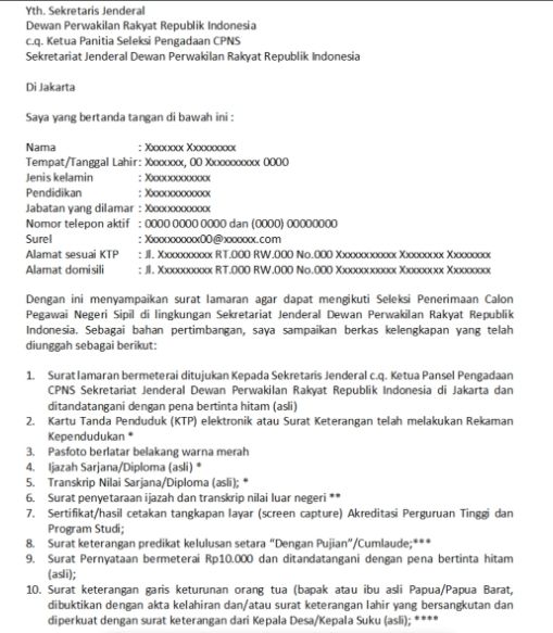 Contoh Surat Lamaran Kerja untuk CPNS