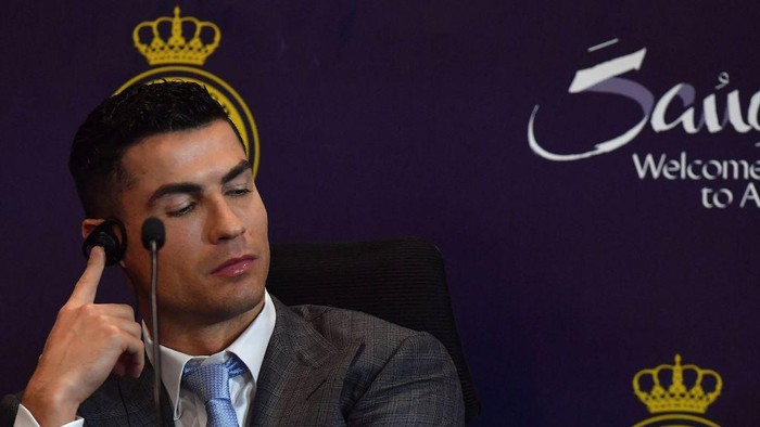 Portuguese forward Cristiano Ronaldo attends a press conference at the Mrsool Park Stadium in the Saudi capital Riyadh on January 3, 2023, ahead of the unveiling ceremony. (Photo by AFP) (Photo by -/AFP via Getty Images)