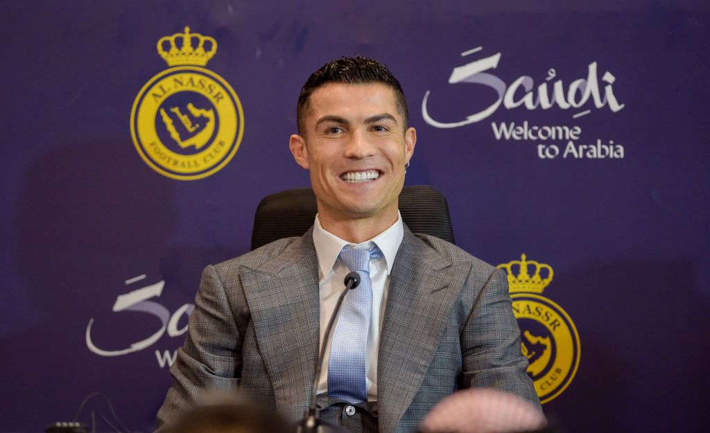 RIYADH, SAUDI ARABIA - JANUARY 03: Cristiano Ronaldo attends a press conference during the official unveiling of Cristiano Ronaldo as an Al Nassr player at Mrsool Park Stadium on January 3, 2023 in Riyadh, Saudi Arabia. (Photo by Khalid Alhaj/MB Media/Getty Images)