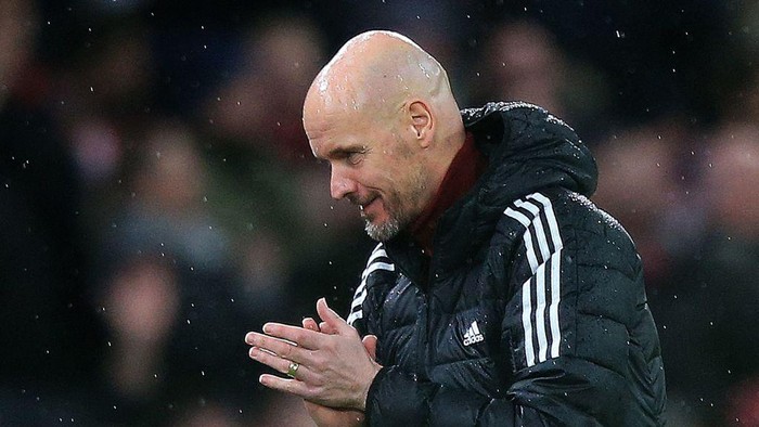 Manchester Uniteds Dutch manager Erik ten Hag celebrates the teams second goal during the English Premier League football match between Manchester United and Bournemouth at Old Trafford in Manchester, north west England, on January 3, 2023. - RESTRICTED TO EDITORIAL USE. No use with unauthorized audio, video, data, fixture lists, club/league logos or live services. Online in-match use limited to 120 images. An additional 40 images may be used in extra time. No video emulation. Social media in-match use limited to 120 images. An additional 40 images may be used in extra time. No use in betting publications, games or single club/league/player publications. (Photo by Lindsey Parnaby / AFP) / RESTRICTED TO EDITORIAL USE. No use with unauthorized audio, video, data, fixture lists, club/league logos or live services. Online in-match use limited to 120 images. An additional 40 images may be used in extra time. No video emulation. Social media in-match use limited to 120 images. An additional 40 images may be used in extra time. No use in betting publications, games or single club/league/player publications. / RESTRICTED TO EDITORIAL USE. No use with unauthorized audio, video, data, fixture lists, club/league logos or live services. Online in-match use limited to 120 images. An additional 40 images may be used in extra time. No video emulation. Social media in-match use limited to 120 images. An additional 40 images may be used in extra time. No use in betting publications, games or single club/league/player publications. (Photo by LINDSEY PARNABY/AFP via Getty Images)