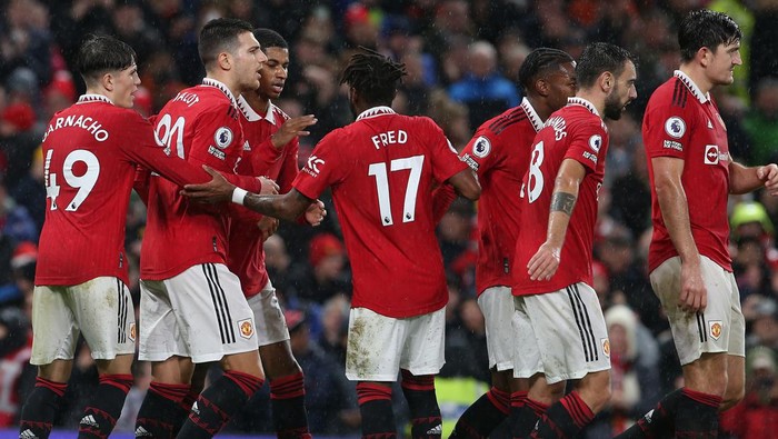 MANCHESTER, ENGLAND - JANUARY 03: Marcus Rashford of Manchester United celebrates scoring their third goal during the Premier League match between Manchester United and AFC Bournemouth at Old Trafford on January 03, 2023 in Manchester, England. (Photo by Matthew Peters/Manchester United via Getty Images)