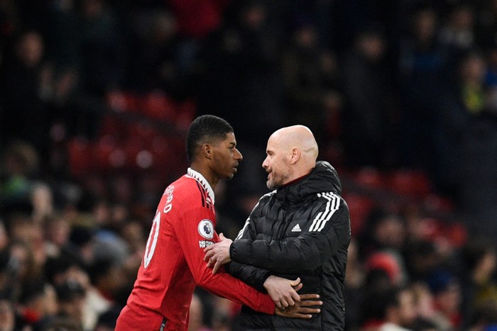 MANCHESTER, ENGLAND - JANUARY 03: Marcus Rashford of Manchester United celebrates Luke Shaw scoring their second goal during the Premier League match between Manchester United and AFC Bournemouth at Old Trafford on January 03, 2023 in Manchester, England. (Photo by Matthew Peters/Manchester United via Getty Images)