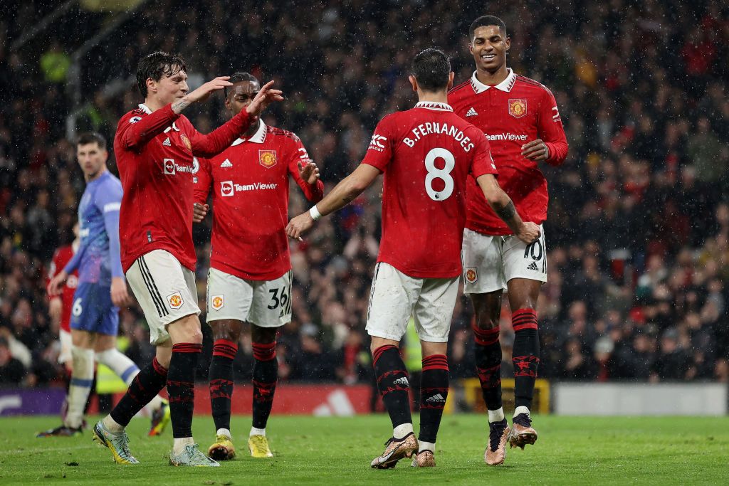 MANCHESTER, ENGLAND - JANUARY 03: Marcus Rashford of Manchester United celebrates after scoring the team's third goal with teammates during the Premier League match between Manchester United and AFC Bournemouth at Old Trafford on January 03, 2023 in Manchester, England. (Photo by Naomi Baker/Getty Images)