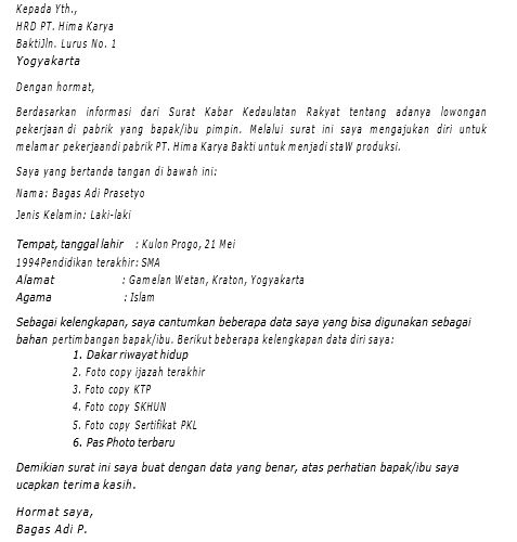 Contoh Surat Lamaran Kerja Pabrik.