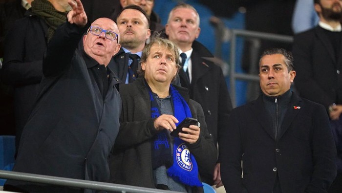 Chelsea owner Todd Boehly (centre) in the stands during the Carabao Cup third round match at the Etihad Stadium, Manchester. Picture date: Wednesday November 9, 2022. (Photo by Mike Egerton/PA Images via Getty Images)