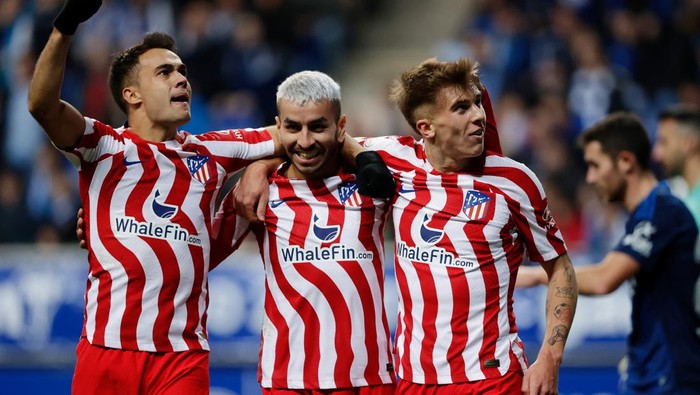 OVIEDO, SPAIN - JANUARY 4: Pablo Barrios of Atletico Madrid celebrating 0-2 with Axel Witsel of Atletico Madrid, Sergio Reguilon of Atletico Madrid  during the Spanish Copa del Rey  match between Real Oviedo v Atletico Madrid at the Estadio Municipal Carlos Tartiere on January 4, 2023 in Oviedo Spain (Photo by David S. Bustamante/Soccrates/Getty Images)