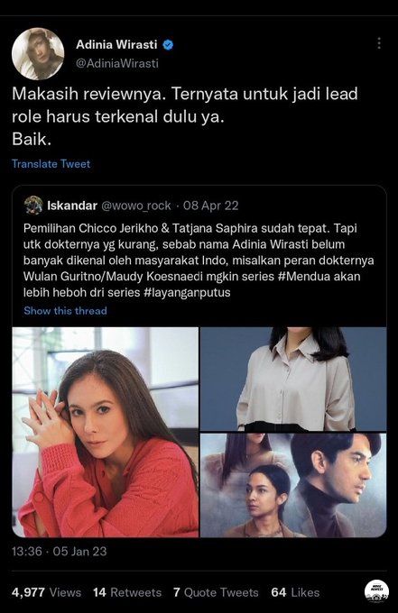 Adinia Wirasti memberikan respons soal komentar terhadap popularitasnya.