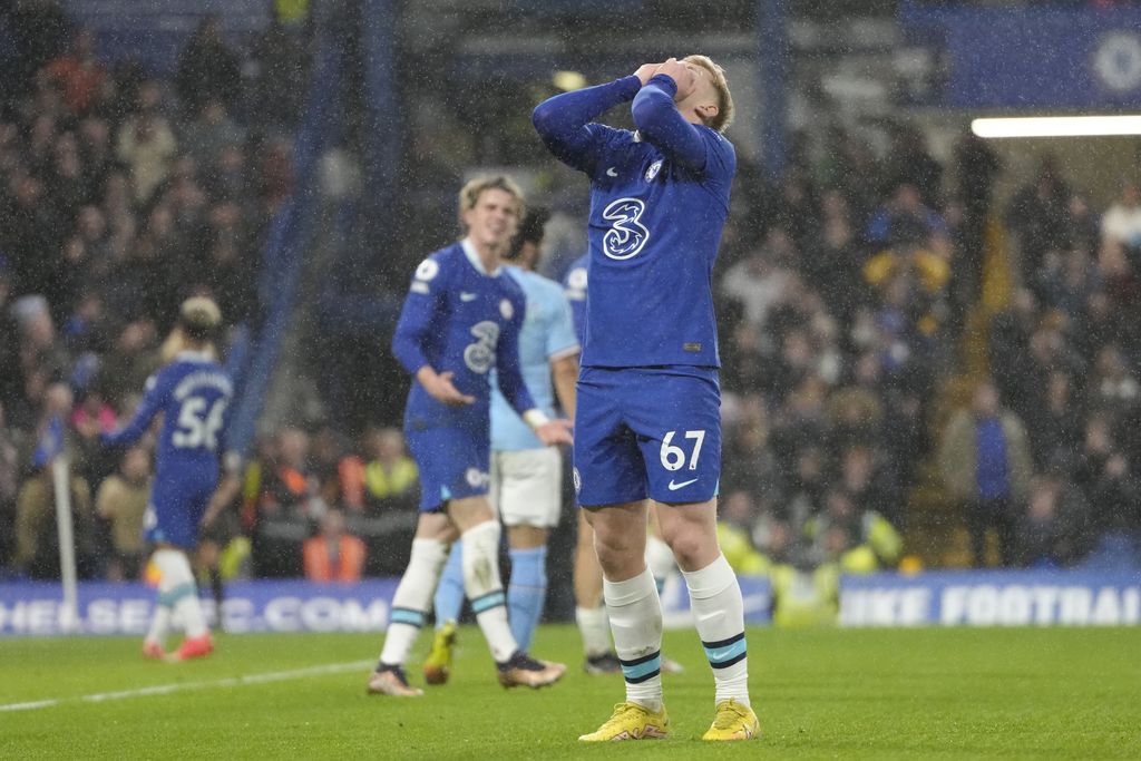 Chelsea's Lewis Hall reacts after missing a chance during the English Premier League soccer match between Chelsea and Manchester City at Stamford Bridge stadium in London Thursday, Jan. 5, 2023. (AP Photo/Kirsty Wigglesworth)