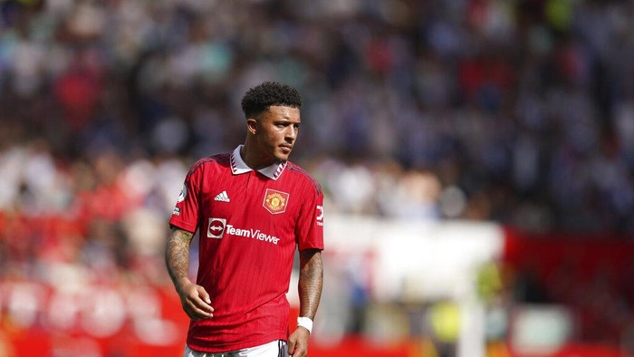 Manchester Uniteds Jadon Sancho stands during the English Premier League soccer match between Manchester United and Brighton at Old Trafford stadium in Manchester, England, Sunday, Aug. 7, 2022. (AP Photo/Dave Thompson)