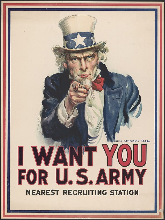 Poster Paman Sam ciptaan J. M. Flagg, I Want You for U.S. Army poster (1917)