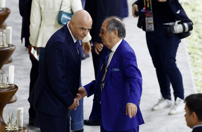 Soccer Football - FIFA World Cup Qatar 2022 - Semi Final - France v Morocco - Al Bayt Stadium, Al Khor, Qatar - December 14, 2022 FIFA president Gianni Infantino and President of the French Football Federation Noel Le Graet are seen during the match REUTERS/Peter Cziborra