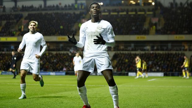 Soccer Football - FA Cup Third Round - Oxford United v Arsenal - Kassam Stadium, Oxford, Britain - January 9, 2023 Arsenal's Eddie Nketiah celebrates scoring their third goal Action Images via Reuters/John Sibley
