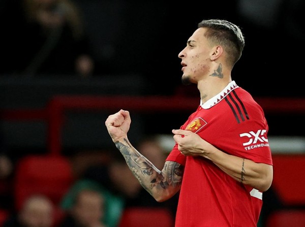Soccer Football - Carabao Cup - Quarter Final - Manchester United v Charlton Athletic - Old Trafford, Manchester, Britain - January 10, 2023 Manchester Uniteds Antony celebrates scoring their first goal REUTERS/Phil Noble EDITORIAL USE ONLY. No use with unauthorized audio, video, data, fixture lists, club/league logos or live services. Online in-match use limited to 75 images, no video emulation. No use in betting, games or single club /league/player publications.  Please contact your account representative for further details.