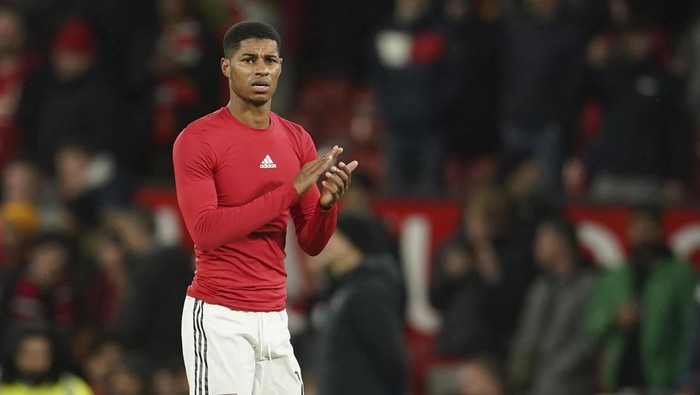 Manchester Uniteds Marcus Rashford celebrates after the English League Cup quarter final soccer match between Manchester United and Charlton Athletic at Old Trafford in Manchester, England, Tuesday, Jan. 10, 2023. (AP Photo/Dave Thompson)