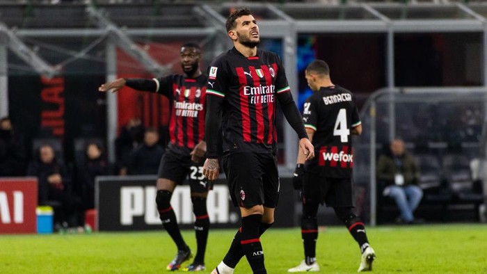 Theo Hernandez of AC Milan in action during the the Coppa Italia match between AC Milan and Torino FC at Stadio Giuseppe Meazza in San Siro on January 11, 2023 in Milano, Italy.  (Photo by Mairo Cinquetti/NurPhoto via Getty Images)