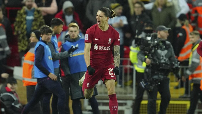 Liverpools Darwin Nunez celebrates scoring his sides first goal during the English FA Cup soccer match between Liverpool and Wolverhampton Wanderers at Anfield in Liverpool, England Saturday, Jan. 7, 2023 (AP Photo/Jon Super)