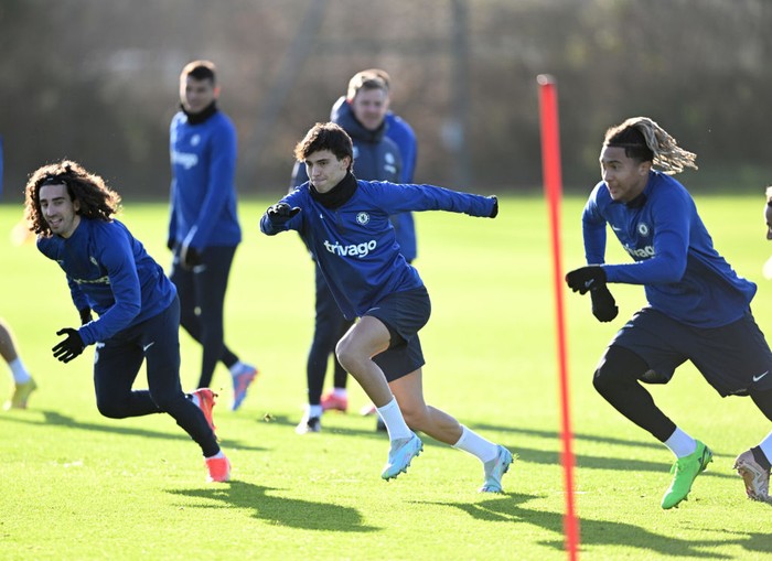 Joao Felix COBHAM, ENGLAND - JANUARY 11: Marc Cucurella, Joao Felix and Bashir Humphreys of Chelsea during a training session at Chelsea Training Ground on January 11, 2023 in Cobham, England. (Photo by Darren Walsh/Chelsea FC via Getty Images)