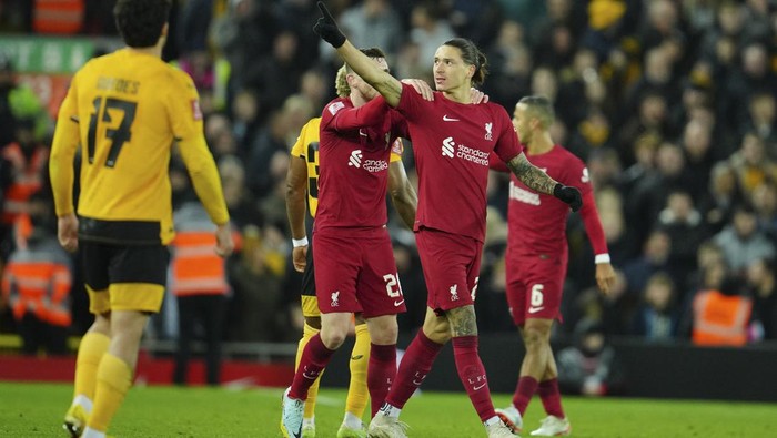 Liverpools Darwin Nunez celebrates scoring his sides first goal during the English FA Cup soccer match between Liverpool and Wolverhampton Wanderers at Anfield in Liverpool, England Saturday, Jan. 7, 2023 (AP Photo/Jon Super)