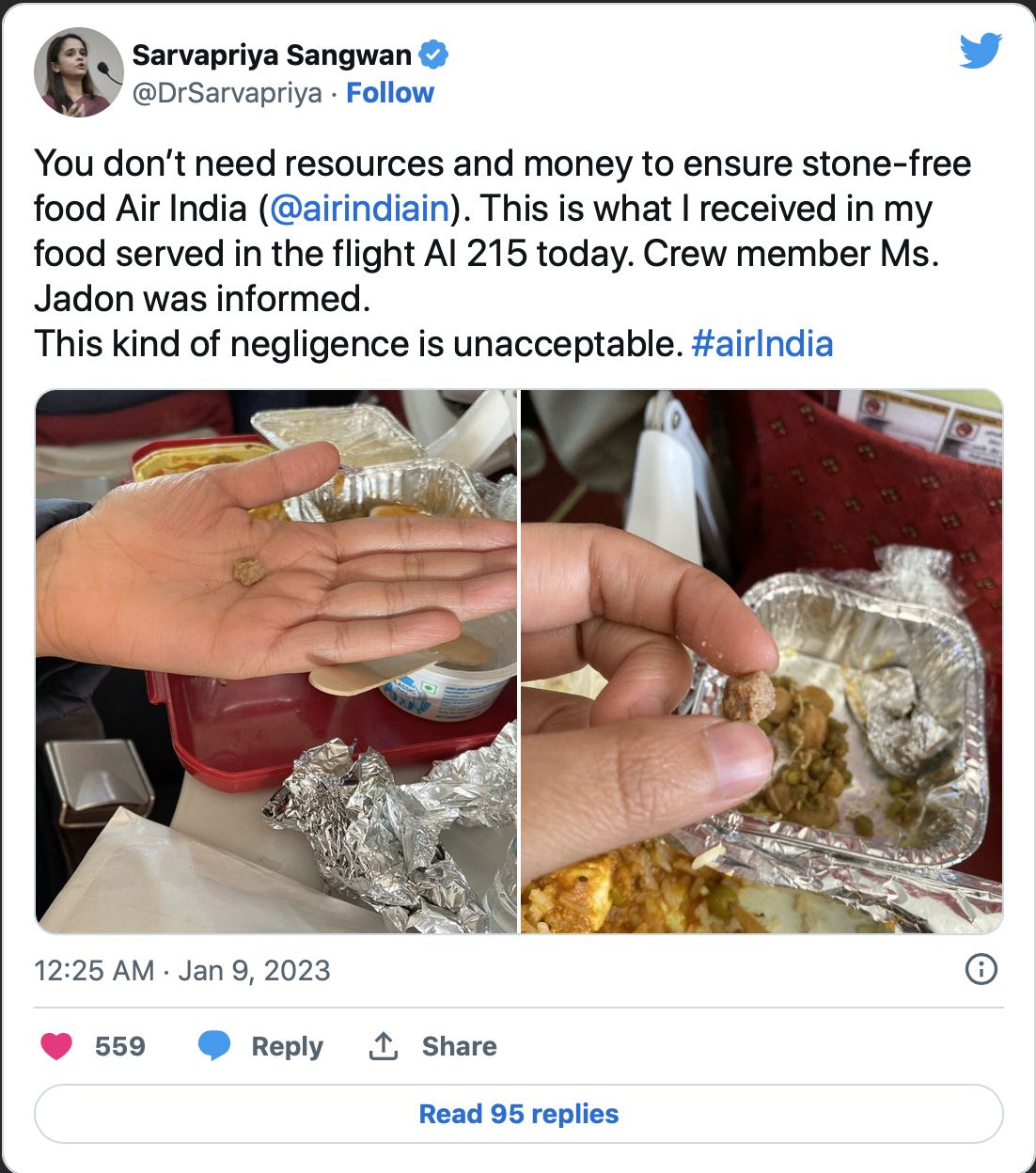 Ngeri! Wanita Ini Temukan Batu Kecil di Makanan Pesawat Miliknya