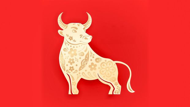 Metal Ox is a symbol of the 2021 Chinese New Year. Holiday vector illustration of decorative metallic Zodiac Sign of bull on a red background