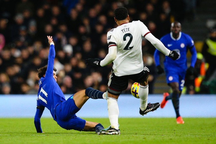 LONDON, ENGLAND - JANUARY 12:  Joao Felix of Chelsea receives a red card for this challenge on Kenny Tete of Fulham FC during the Premier League match between Fulham FC and Chelsea FC at Craven Cottage on January 12, 2023 in London, United Kingdom. (Photo by Craig Mercer/MB Media/Getty Images)
