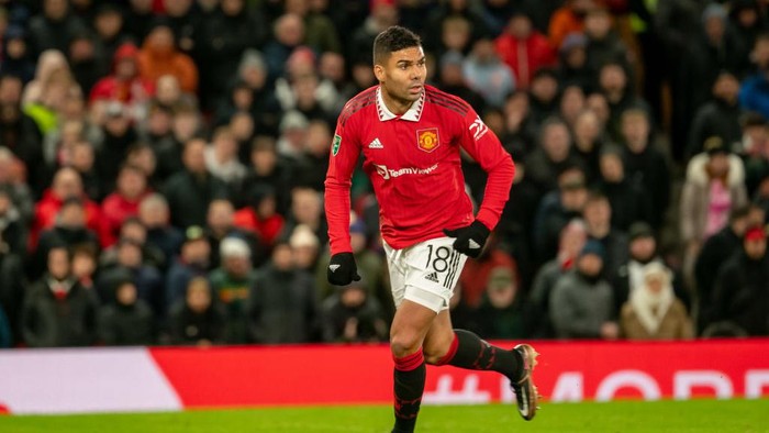 MANCHESTER, ENGLAND - JANUARY 10:  Casemiro of Manchester United in action during the Carabao Cup Quarter Final match between Manchester United and Charlton Athletic at Old Trafford on January 10, 2023 in Manchester, England. (Photo by Ash Donelon/Manchester United via Getty Images)