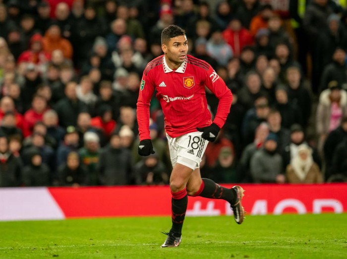 MANCHESTER, ENGLAND - JANUARY 10:  Casemiro of Manchester United in action during the Carabao Cup Quarter Final match between Manchester United and Charlton Athletic at Old Trafford on January 10, 2023 in Manchester, England. (Photo by Ash Donelon/Manchester United via Getty Images)