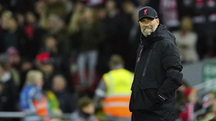 Liverpools manager Jurgen Klopp reacts during the English Premier League soccer match between Liverpool and Leicester City at Anfield stadium in Liverpool, England, Friday, Dec. 30, 2022. (AP Photo/Jon Super)
