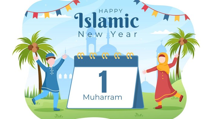 1403203745 Islamic New Year Day or 1 Muharram Vector Background Illustration of Muslim Family Celebrating Can be use for Greeting Card or Invitation