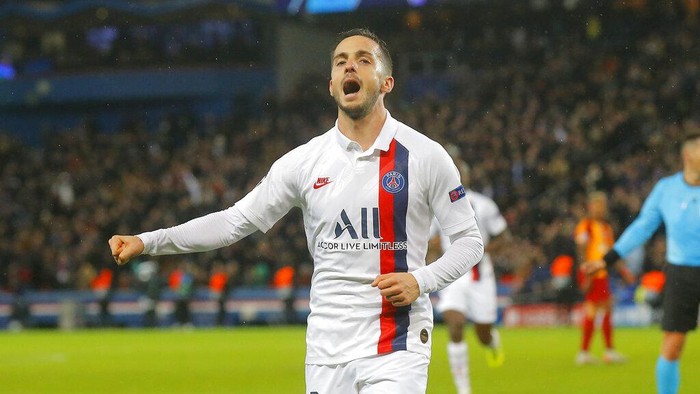 PSGs Pablo Sarabia celebrates after scoring his sides second goal during the Champions League, group A soccer match between PSG and Galatasaray, at the Parc des Princes stadium in Paris, Wednesday, Dec. 11, 2019. (AP Photo/Michel Euler)