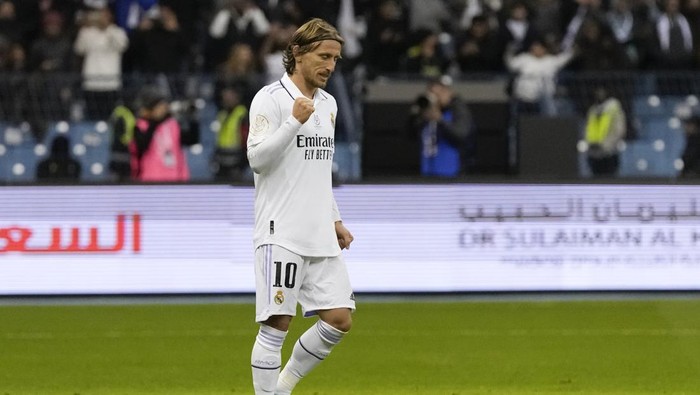 Real Madrids Luka Modric reacts after he scored during penalty shootout during a semi-final of the Spanish Super Cup between Real Madrid and Valencia in Riyadh, Saudi Arabia, Wednesday, Jan. 11, 2023. (AP Photo/Hussein Malla)