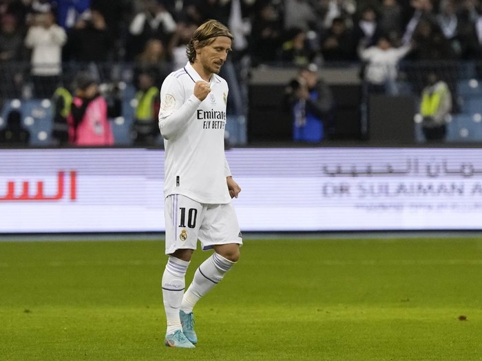 Real Madrid's Luka Modric reacts after he scored during penalty shootout during a semi-final of the Spanish Super Cup between Real Madrid and Valencia in Riyadh, Saudi Arabia, Wednesday, Jan. 11, 2023. (AP Photo/Hussein Malla)