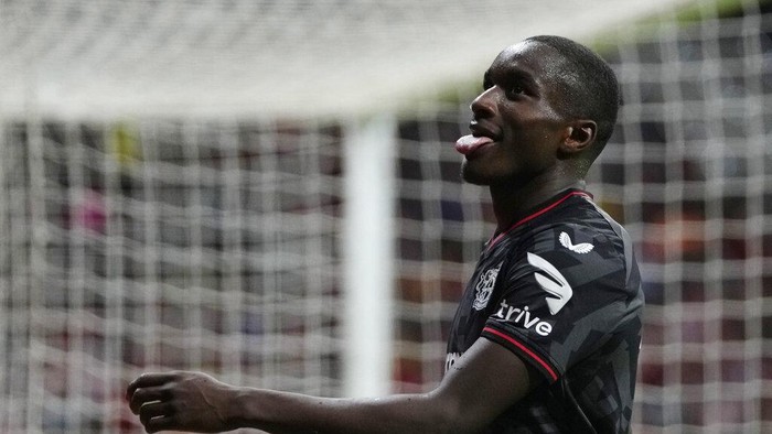 Leverkusens Moussa Diaby reacts during the group B Champions League soccer match between Atletico Madrid and Bayer 04 Leverkusen at the Civitas Metropolitano stadium in Madrid, Spain, Wednesday, Oct. 26, 2022. (AP Photo/Manu Fernaandez)