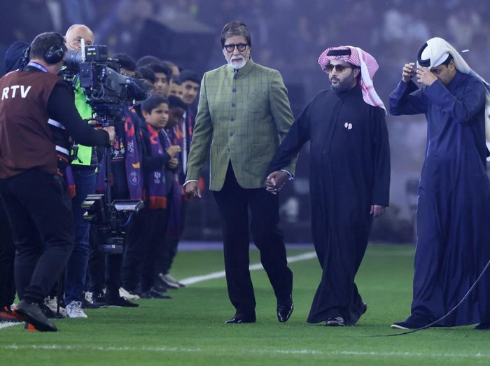 Indian actor and former member of the Lok Sabha (Indian parliament) Amitabh Bachchan (L), Turki al-Sheikh, Minister and the current Chairman of General Authority (C), and PSG chairman Nasser al-Khelaifi (R) are pictured ahead of the Riyadh Season Cup between the Riyadh All-Stars and Paris Saint-Germain at the King Fahd Stadium in Riyadh on January 19, 2023. (Photo by Fayez NURELDINE / AFP)