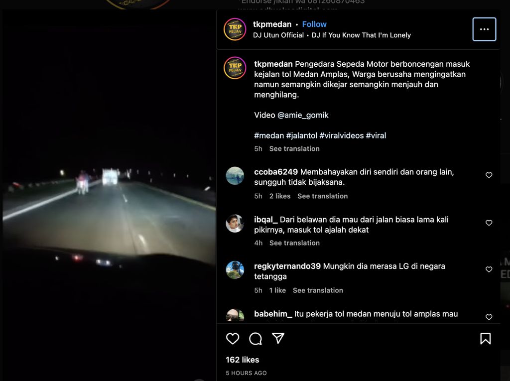 Waduh! Pengendara Motor Terobos Jalan Tol di Medan, Malam Hari Pula