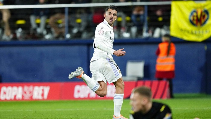 Real Madrids Dani Ceballos celebrates after scoring his sides third goal during the Copa del Rey round of 16 soccer match between Villarreal CF and Real Madrid at La Ceramica stadium in Villarreal, Spain, Thursday, Jan. 19, 2023. (AP Photo/Jose Breton)