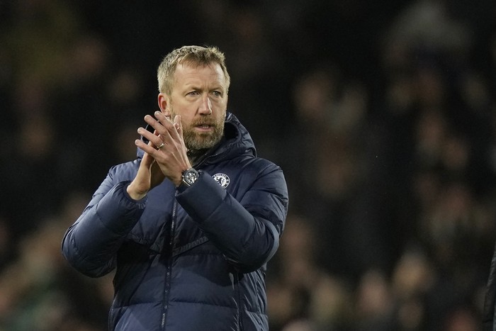 Graham Potter Chelsea's head coach Graham Potter applauds after the English Premier League soccer match between Fulham and Chelsea at the Craven Cottage stadium in London Thursday, Jan. 12, 2023. (AP Photo/Alastair Grant)