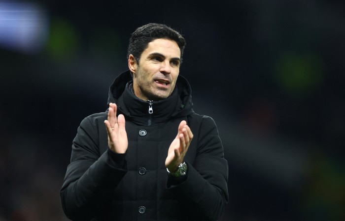 Soccer Football - Premier League - Tottenham Hotspur v Arsenal - Tottenham Hotspur Stadium, London, Britain - January 15, 2023 Arsenal manager Mikel Arteta celebrates after the match Action Images via Reuters/Paul Childs EDITORIAL USE ONLY. No use with unauthorized audio, video, data, fixture lists, club/league logos or live services. Online in-match use limited to 75 images, no video emulation. No use in betting, games or single club /league/player publications.  Please contact your account representative for further details.
